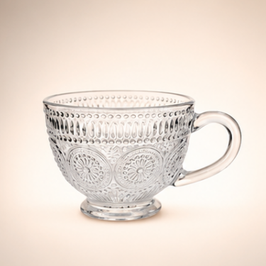Elegant Embossed Clear Glass Tea Cup With Handle For Coffee Milk Tea Latte Cappuccino And Daily Beverage Serving