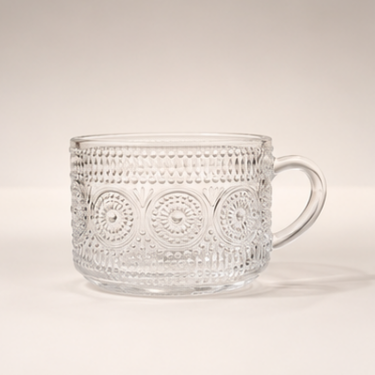 410ml Embossed Clear Glass Coffee Cup Vintage Pattern Glass Tea Mug With Handle Durable Drinking Cup For Home Cafe Office