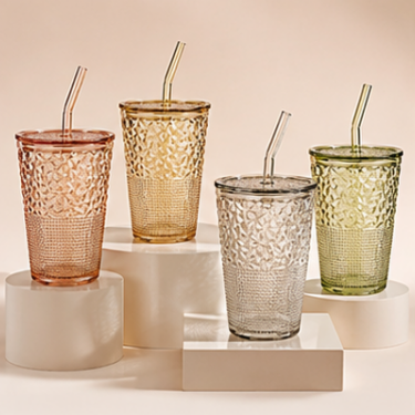 430ml Embossed Glass Tumbler with Lid and Straw Vintage Drinking Cup Reusable Beverage Glass for Water Juice Coffee Tea