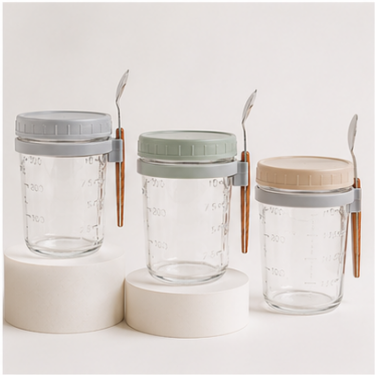440ml Glass Cup with Lid Spoon and Measurement Scale Clear Storage Drinking Jar for Coffee Overnight Oats Dessert Yogurt