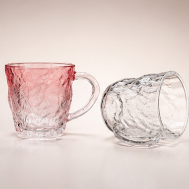 Premium Clear and Pink Hammered Glass Coffee Mug 300ml Thick Handle Drinking Cup for Tea Milk Juice Water Daily Use
