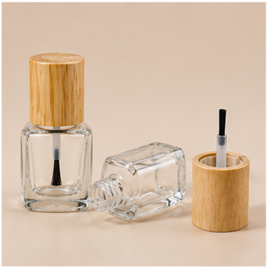 Luxury Clear Glass Nail Polish Bottle Refillable Empty Nail Lacquer Bottle with Wooden Cap Cosmetic Packaging Wholesale