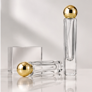 Luxury Cylindrical Clear Glass Perfume Bottle 30ml Refillable Fragrance Container with Gold Sphere Cap Premium Cosmetic Packaging