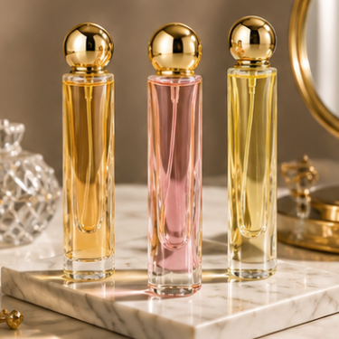 Luxury Cylindrical Clear Glass Perfume Bottle 30ml Refillable Fragrance Container with Gold Sphere Cap Premium Cosmetic Packaging