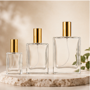 Luxury Square Clear Glass Perfume Bottle Refillable Fragrance Bottle with Gold Cap Thick Base Cosmetic Packaging Wholesale