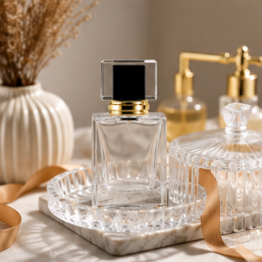 Luxury Square Clear Glass Perfume Bottle 30ml Refillable Fragrance Packaging with Thick Base Electroplated Collar and Cap