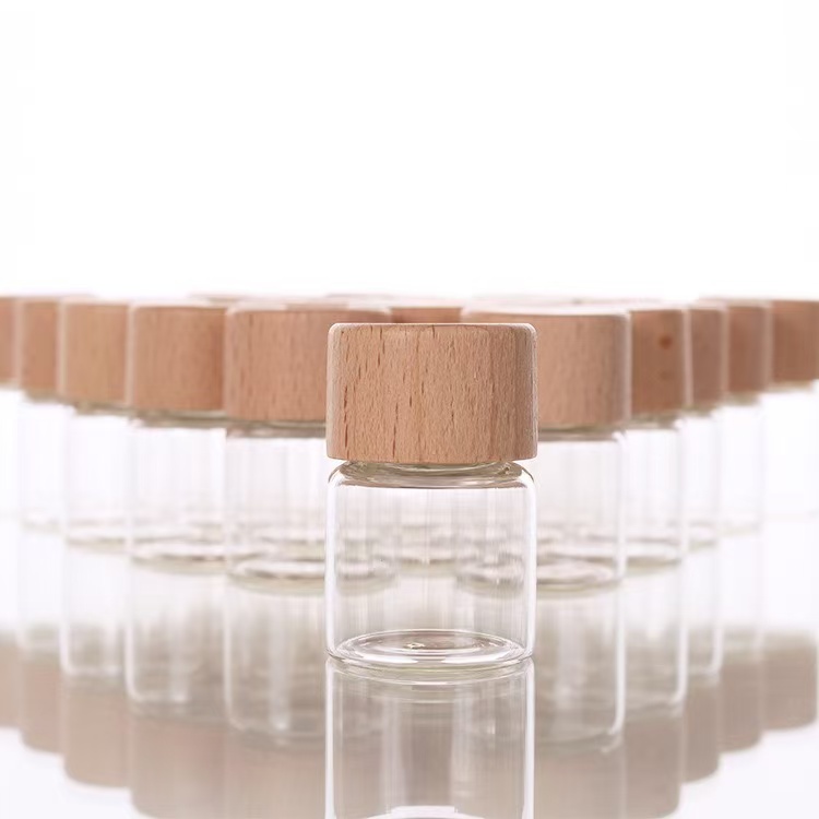 32mm Screw Mouth Empty Glass Bottle With Luxury Wooden Lid For Powder Pill Particle Custom Engraved Logo
