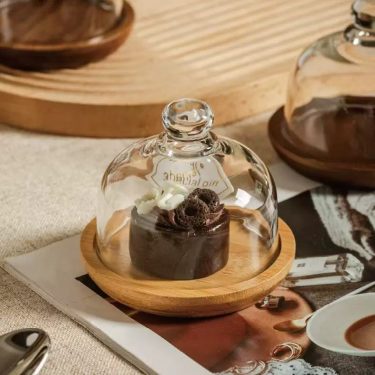 Transparent Glass Bell Jar Cake Plate With Wooden Tray Dustproof Display Stand For Pastry Bread Dessert