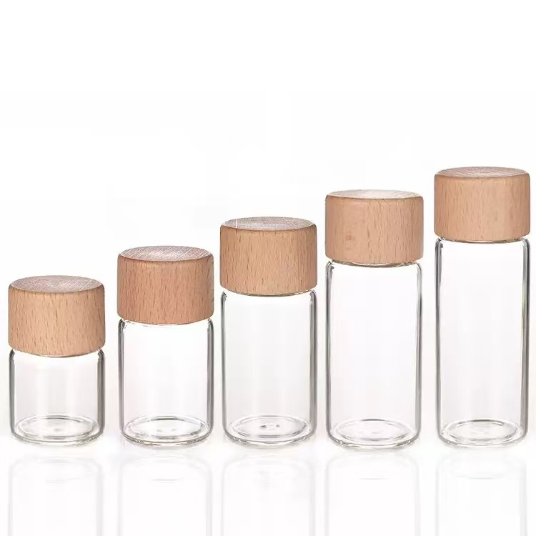 32mm Screw Mouth Empty Glass Bottle With Luxury Wooden Lid For Powder Pill Particle Custom Engraved Logo