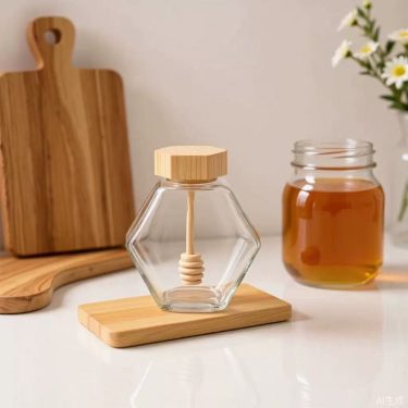 Hexagonal Flat Square Glass Honey Jar Premium Transparent Sealed Can With Wooden Lid Stirring Stick In Stock Wholesale Honey Bottle