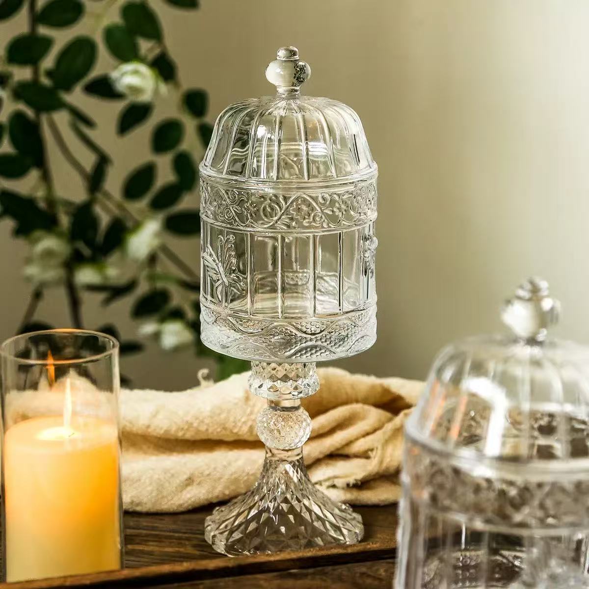 Vintage French Embossed Glass Jar With Lid Decorative Candy Jar Jewelry Cotton Swab Storage Container For Home Decoration