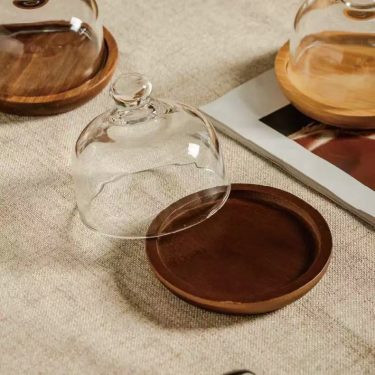 Transparent Glass Bell Jar Cake Plate With Wooden Tray Dustproof Display Stand For Pastry Bread Dessert