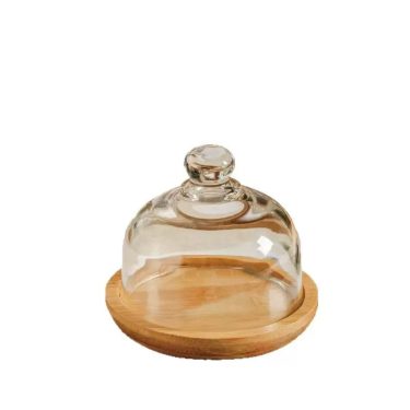 Transparent Glass Bell Jar Cake Plate With Wooden Tray Dustproof Display Stand For Pastry Bread Dessert