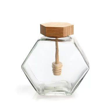 Hexagonal Flat Square Glass Honey Jar Premium Transparent Sealed Can With Wooden Lid Stirring Stick In Stock Wholesale Honey Bottle