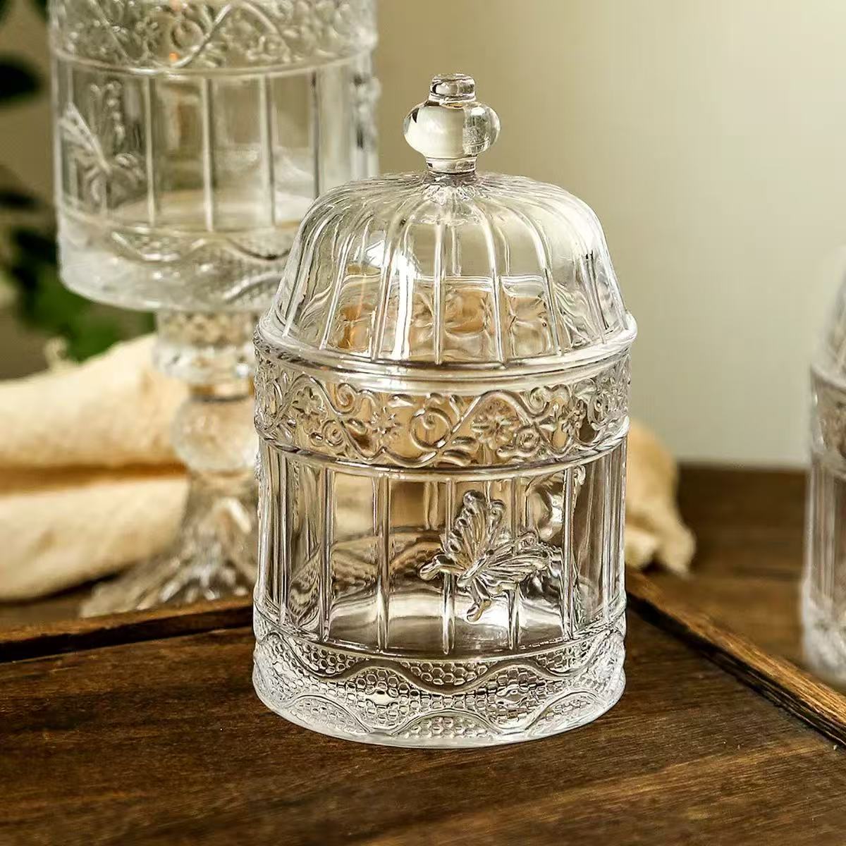 Vintage French Embossed Glass Jar With Lid Decorative Candy Jar Jewelry Cotton Swab Storage Container For Home Decoration