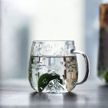 Fuji Mountain Cherry Blossom Snowflake Embossed Glass Mug With Handle Home Office Coffee Cup Winter Snow Mountain Glass Cup
