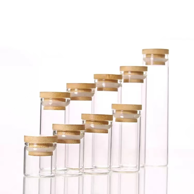 3cm Diameter Lidded Small Glass Bottle 10Ml Clear Bamboo Cap Pill Glass Vial For 3g Pill Silk Printing Available