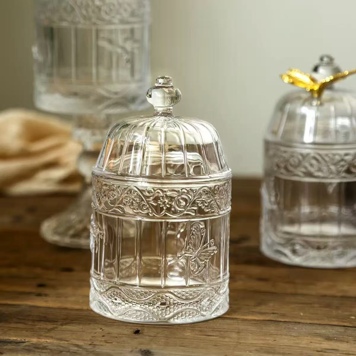 Vintage French Embossed Glass Jar With Lid Decorative Candy Jar Jewelry Cotton Swab Storage Container For Home Decoration
