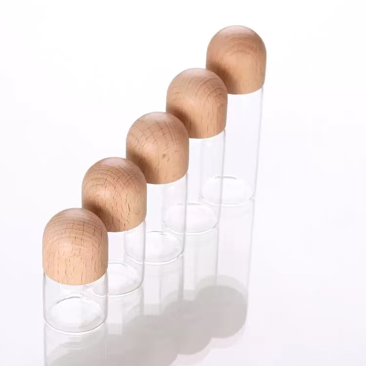 32mm Screw Mouth Empty Glass Bottle With Luxury Wooden Lid For Powder Pill Particle Custom Engraved Logo