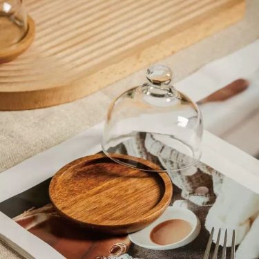 Transparent Glass Bell Jar Cake Plate With Wooden Tray Dustproof Display Stand For Pastry Bread Dessert
