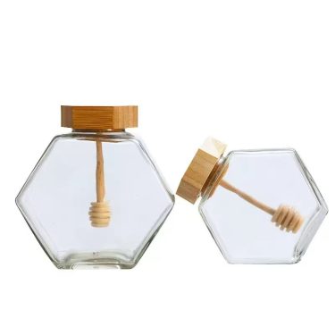 Hexagonal Flat Square Glass Honey Jar Premium Transparent Sealed Can With Wooden Lid Stirring Stick In Stock Wholesale Honey Bottle