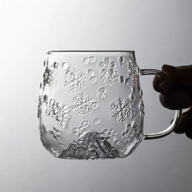 Fuji Mountain Cherry Blossom Snowflake Embossed Glass Mug With Handle Home Office Coffee Cup Winter Snow Mountain Glass Cup