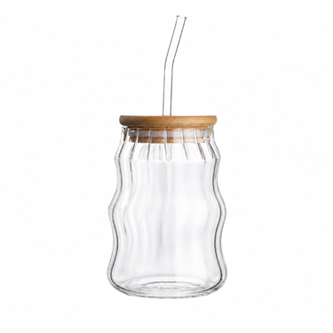 450ml Dudu Glass Cup With Wooden Lid And Straw Cute Wavy Vertical Ribbed Glass Cup For Coffee Milk Tea Fruit Water
