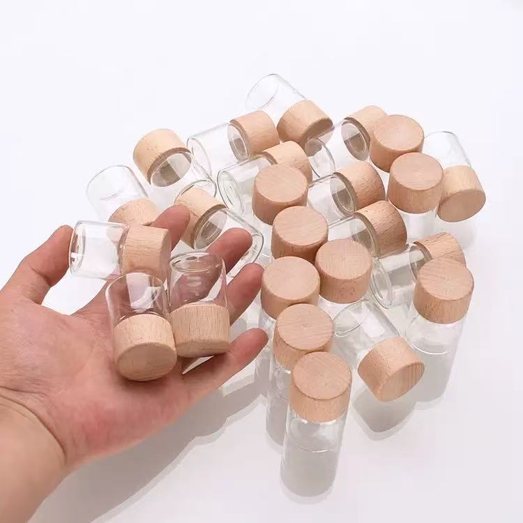 32mm Screw Mouth Empty Glass Bottle With Luxury Wooden Lid For Powder Pill Particle Custom Engraved Logo