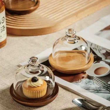 Transparent Glass Bell Jar Cake Plate With Wooden Tray Dustproof Display Stand For Pastry Bread Dessert