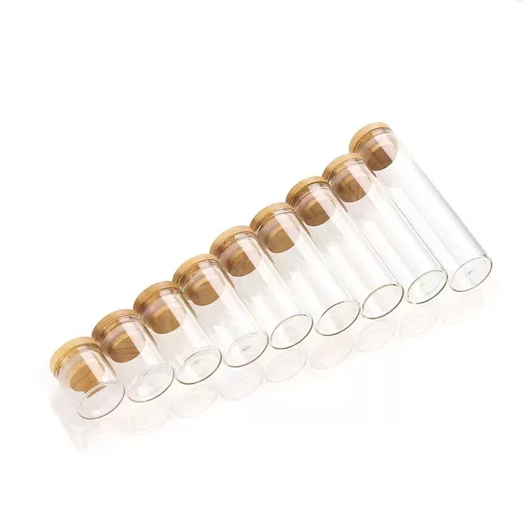 3cm Diameter Lidded Small Glass Bottle 10Ml Clear Bamboo Cap Pill Glass Vial For 3g Pill Silk Printing Available