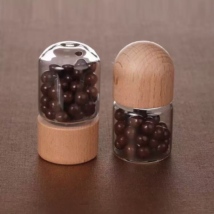 32mm Screw Mouth Empty Glass Bottle With Luxury Wooden Lid For Powder Pill Particle Custom Engraved Logo