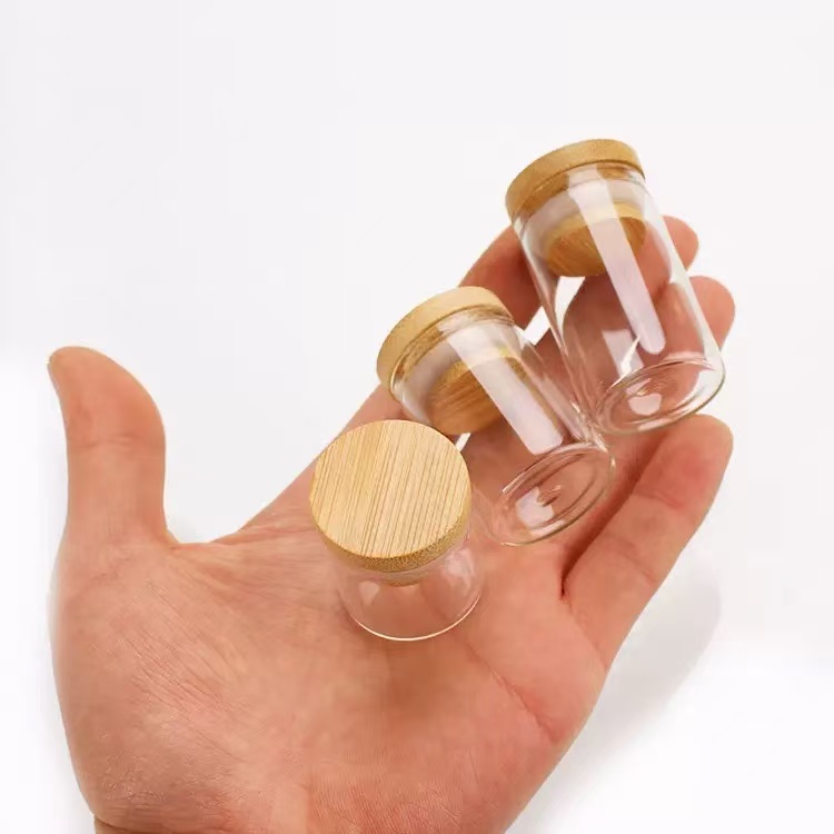 3cm Diameter Lidded Small Glass Bottle 10Ml Clear Bamboo Cap Pill Glass Vial For 3g Pill Silk Printing Available