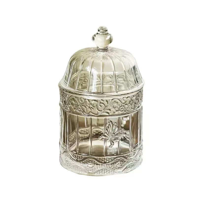 Vintage French Embossed Glass Jar With Lid Decorative Candy Jar Jewelry Cotton Swab Storage Container For Home Decoration