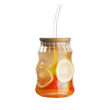 450ml Dudu Glass Cup With Wooden Lid And Straw Cute Wavy Vertical Ribbed Glass Cup For Coffee Milk Tea Fruit Water