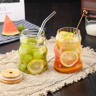 450ml Dudu Glass Cup With Wooden Lid And Straw Cute Wavy Vertical Ribbed Glass Cup For Coffee Milk Tea Fruit Water