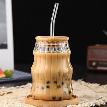450ml Dudu Glass Cup With Wooden Lid And Straw Cute Wavy Vertical Ribbed Glass Cup For Coffee Milk Tea Fruit Water