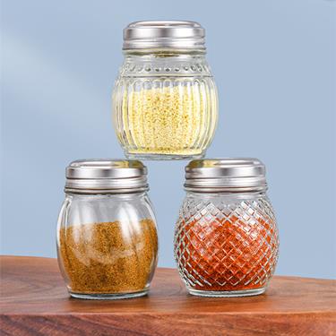 180Ml Embossed Glass Spice Jar With Replaceable Stainless Steel Shaker Lids For Kitchen Seasoning Storage