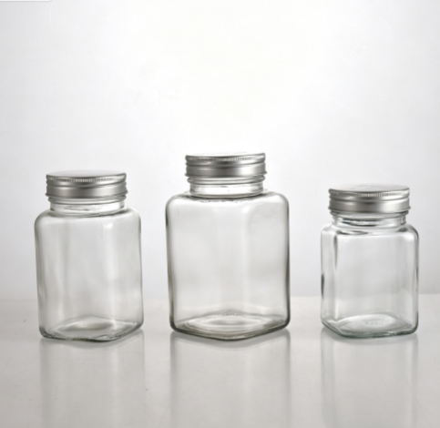 Manufacturer square sauce glass bottle 250ml four sided empty glass jar with aluminum lid, sealed cap jar for jam